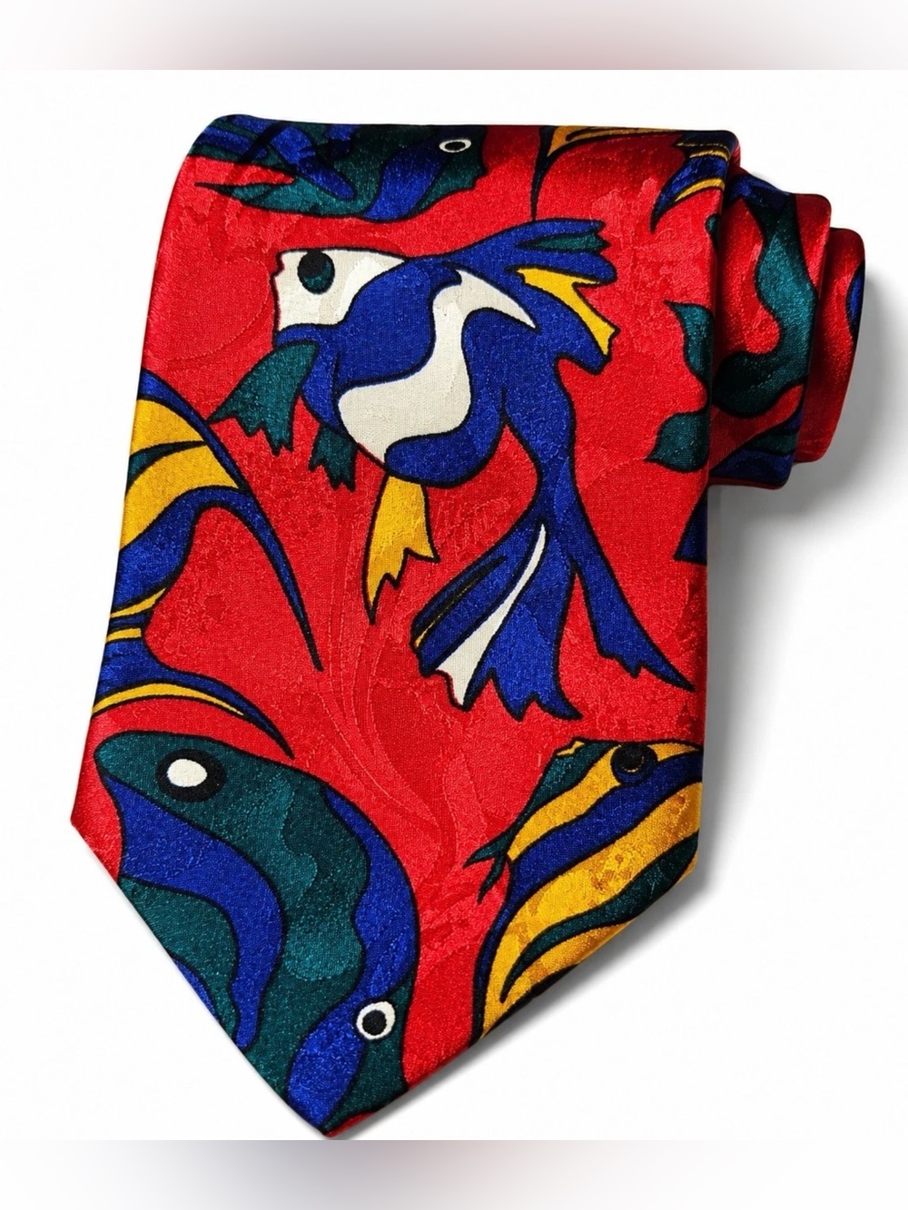 Vibrant Red Fish-Pattern Silk Tie for Men